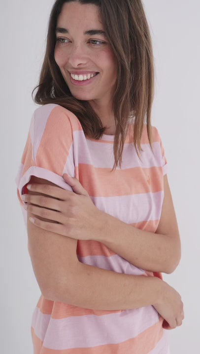 Orange pink organic cotton top women white shorts full body view