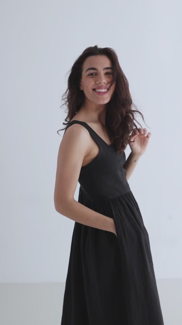 Black linen dress women full body view