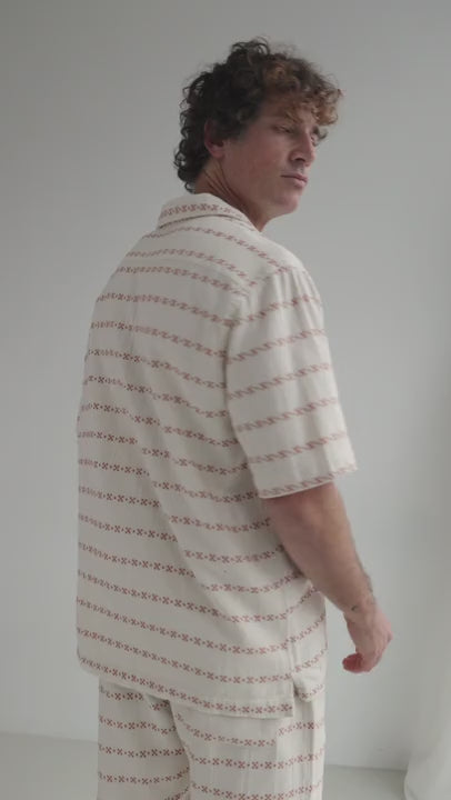 Ecru shorts men patterned shirt full body view 