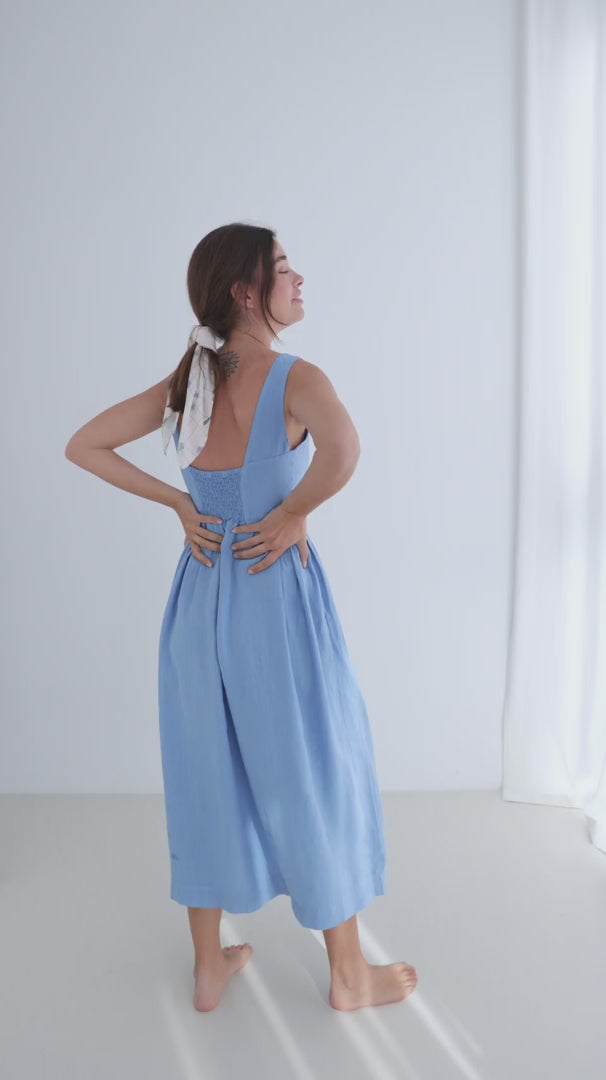 Denim blue linen dress women full body view 