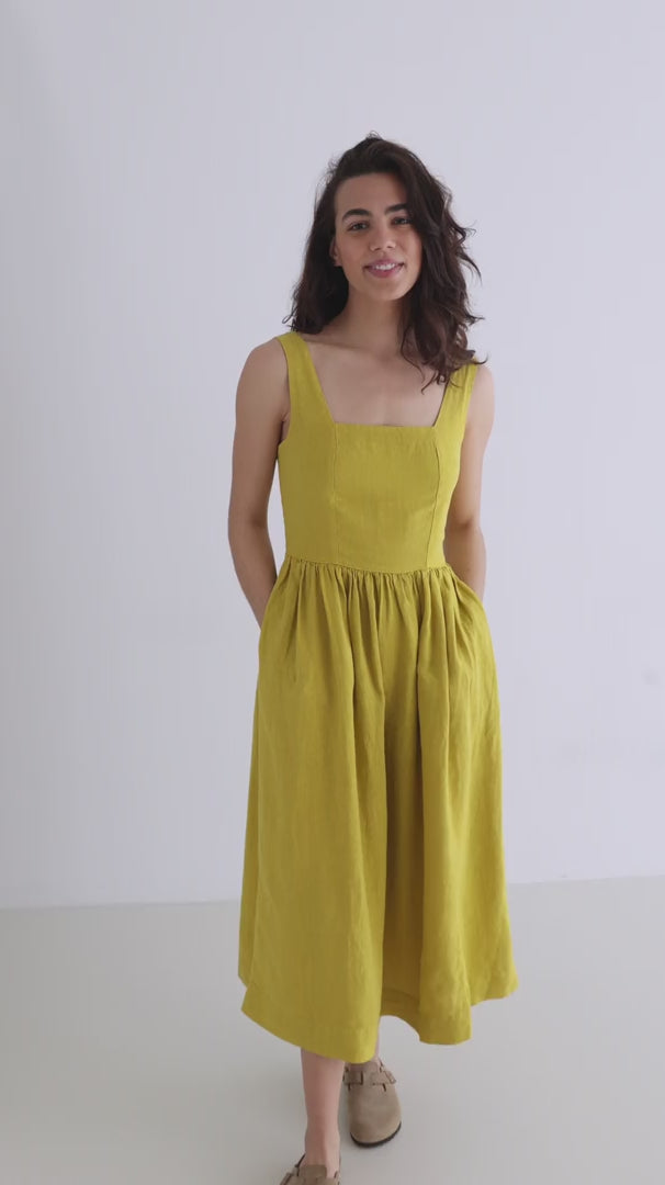 Golden green linen dress women full body view