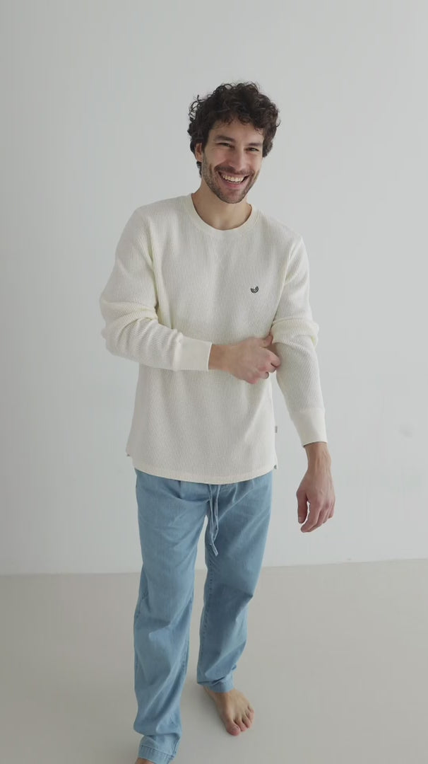 Ecru waffle sweatshirt men blue pants full body view