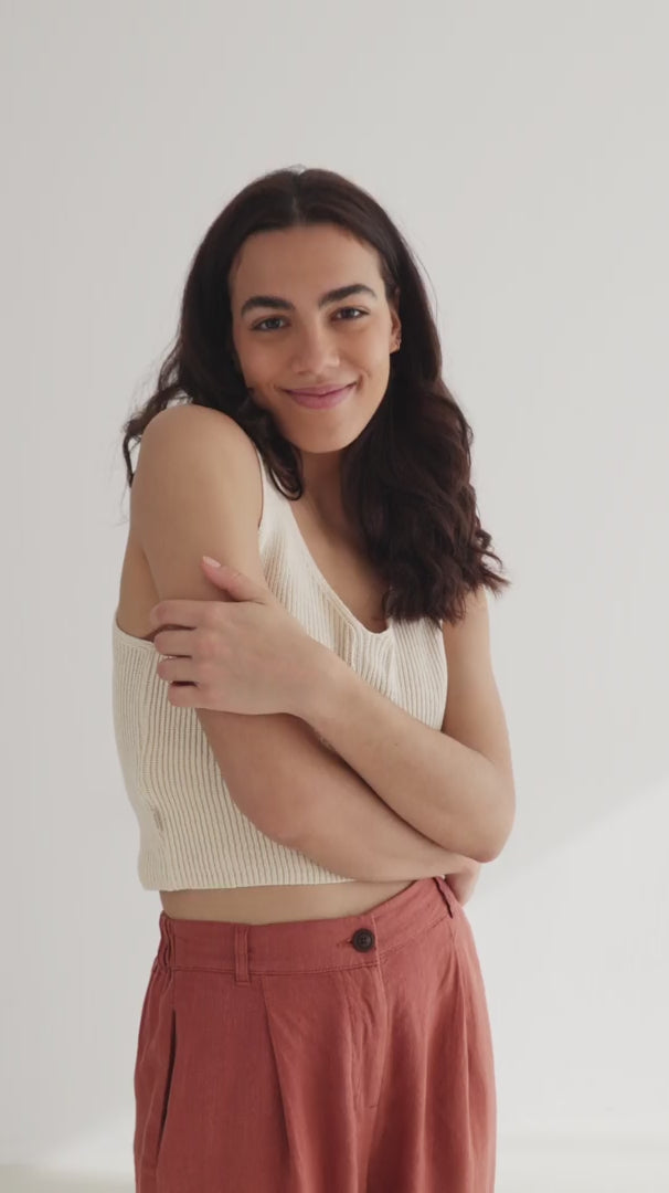 Ecru knit crop top women full body view 