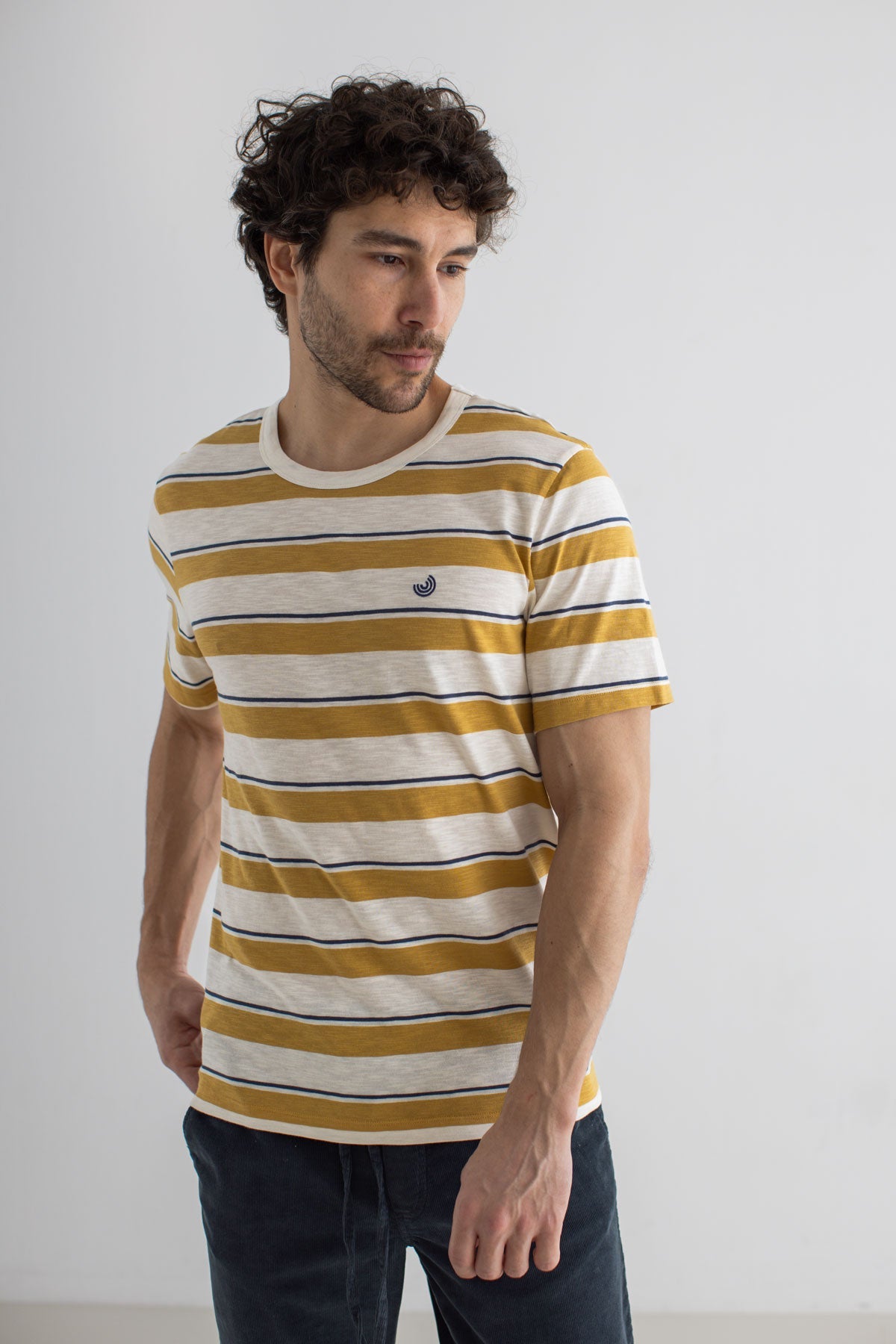 Mustard and Navy Stripes tshirt men navy pants wear view front
