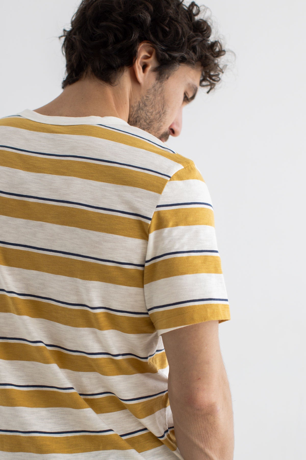 Mustard and Navy Stripes tshirt men detail back