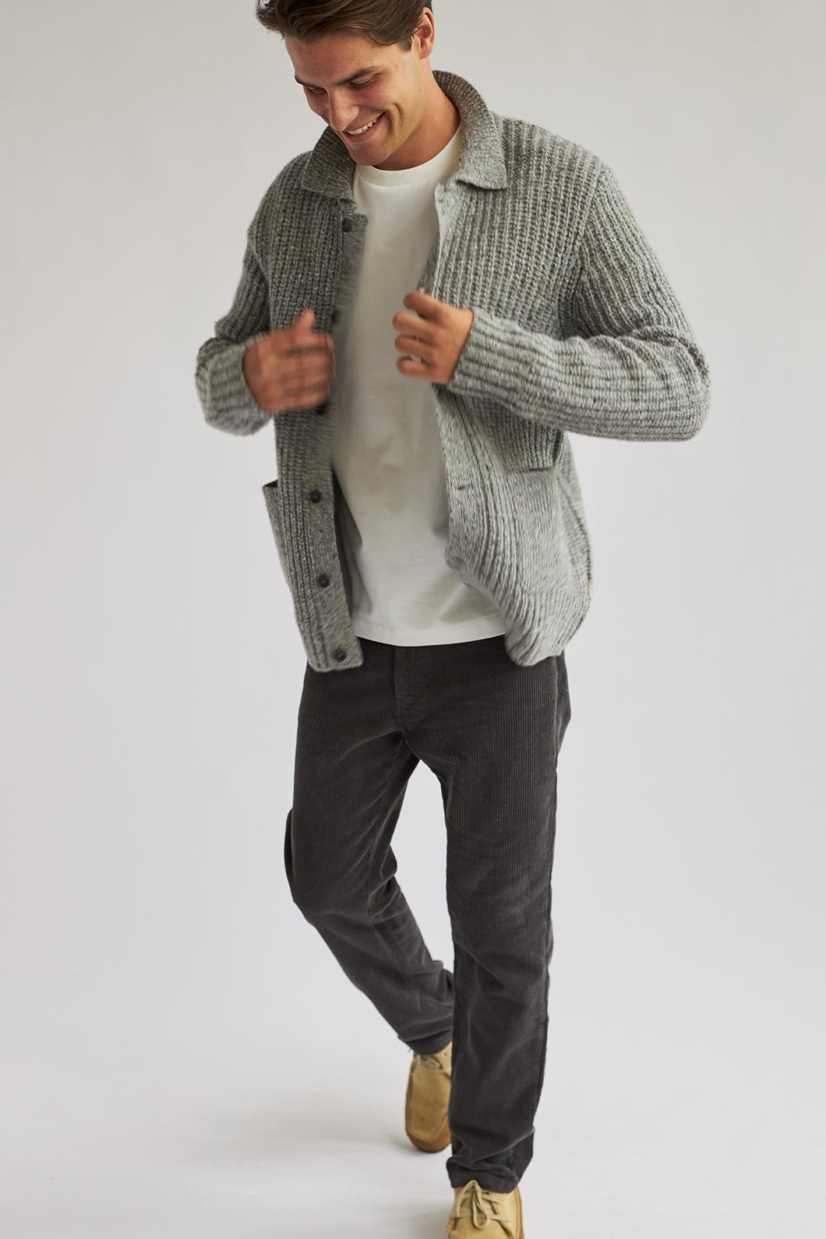 mulesing-free grey wool cardigan for men