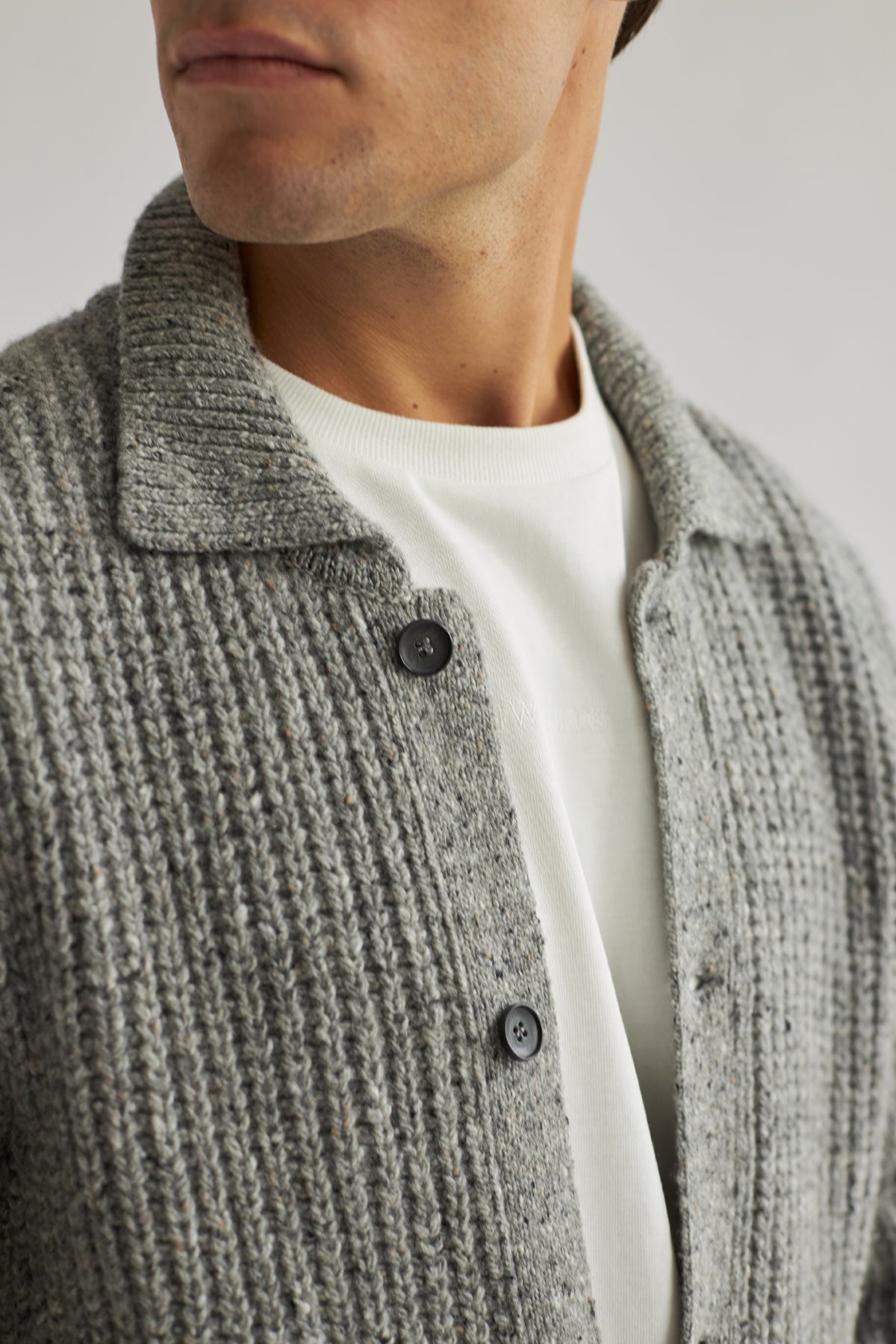 Recycled paper buttons grey cardigan knit