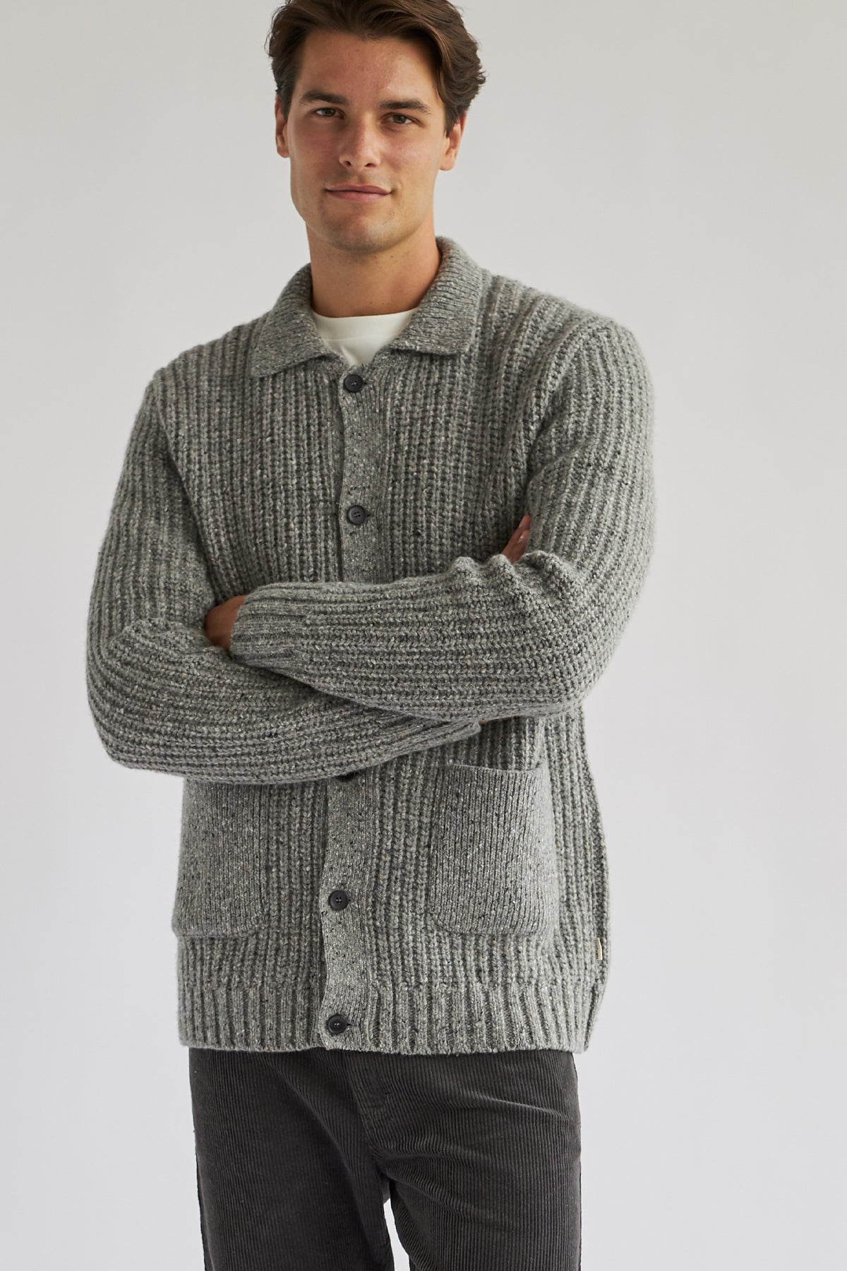 meta-hover, grey chunky cardigan knit for men