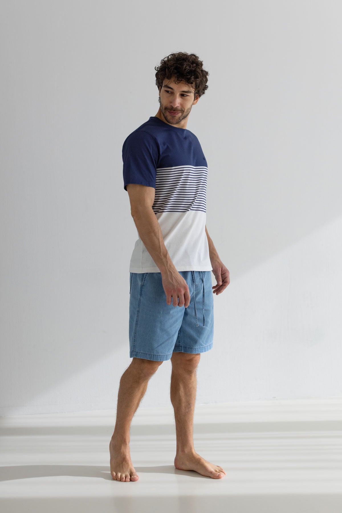 Navy Colour-block t-shirt men light shorts full body view front
