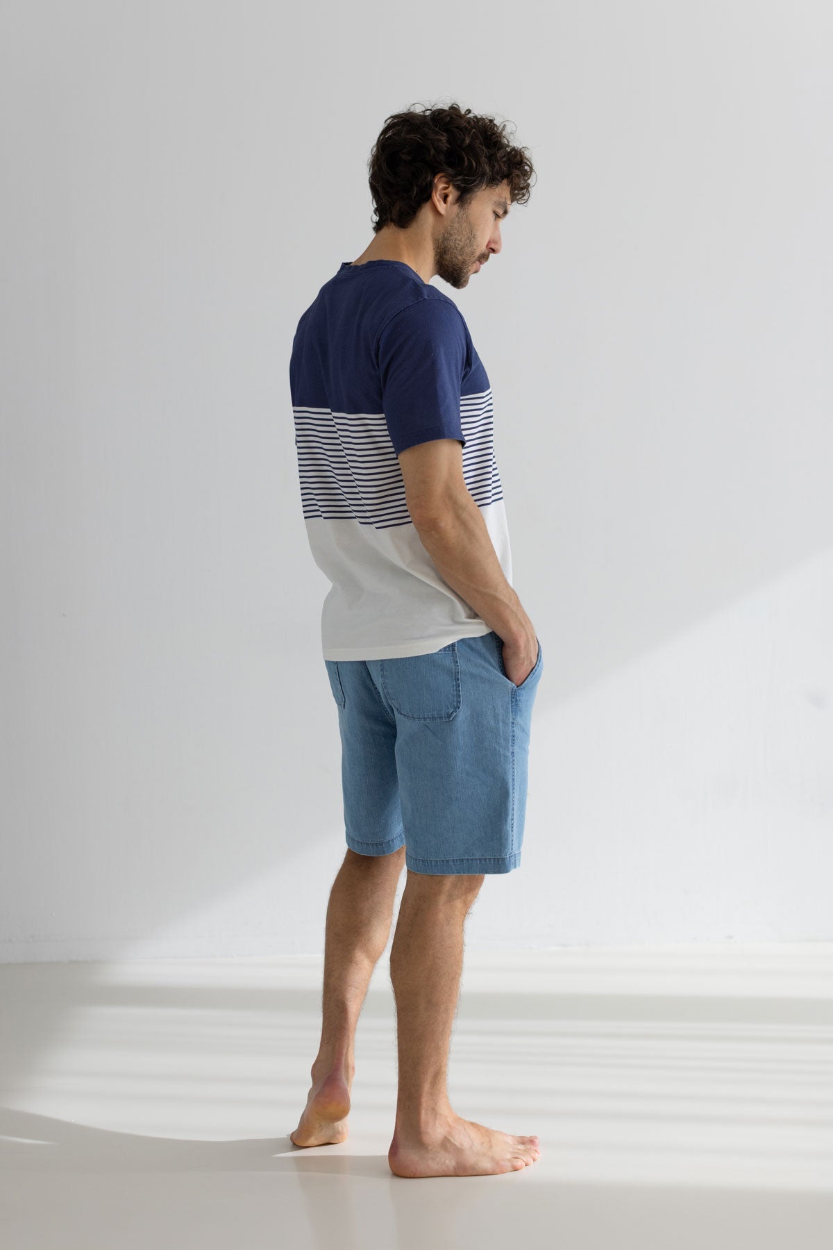 Navy Colour-block t-shirt men light shorts full body view back