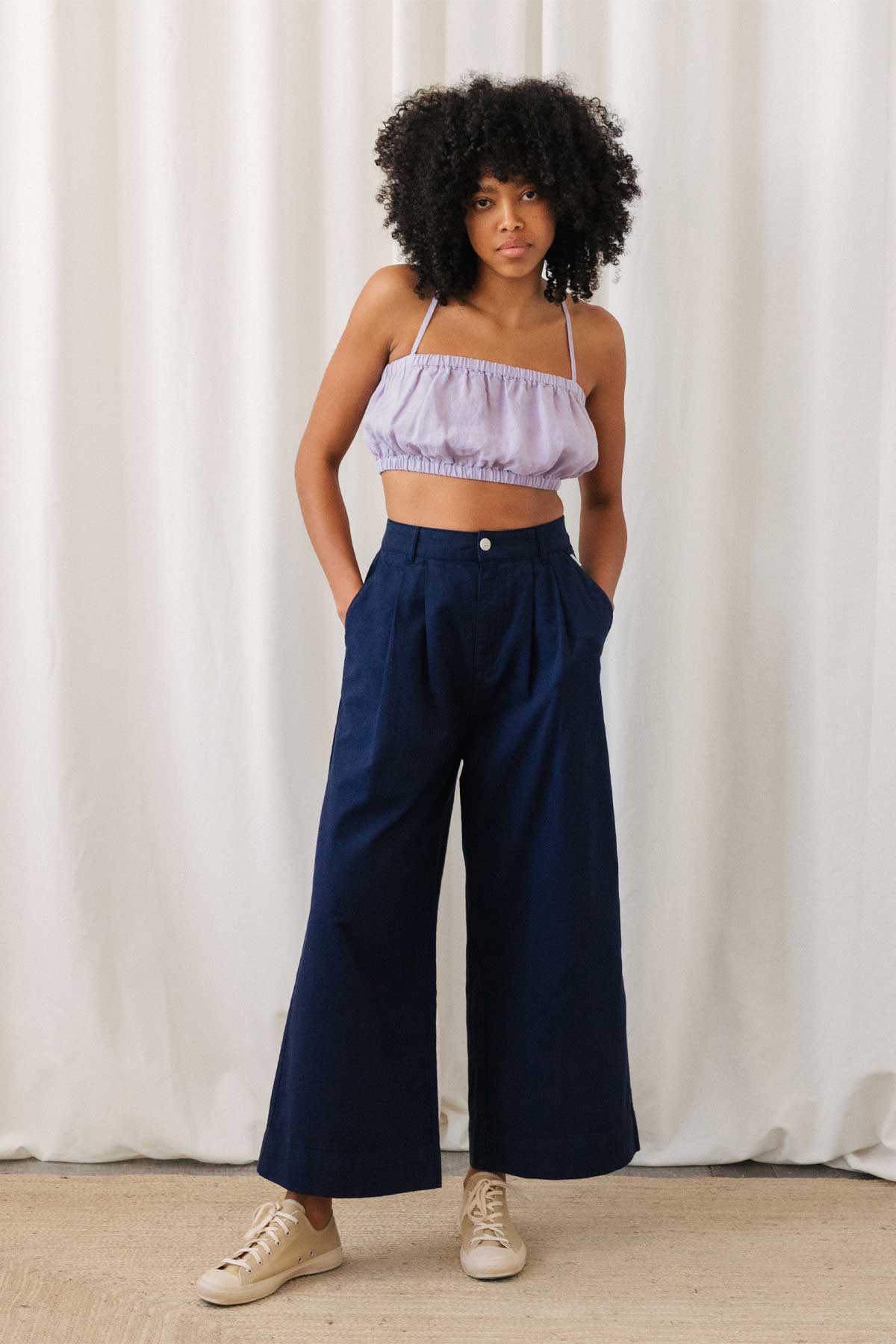 eco-friendly blue pleated ankle pants for women