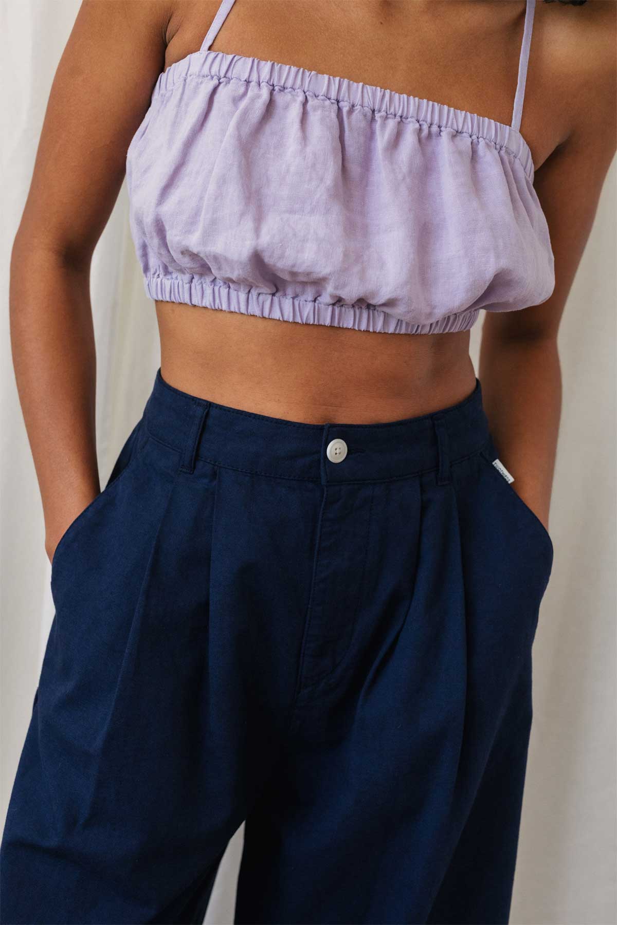 meta-hover, high-waist blue palazzo canvas pants