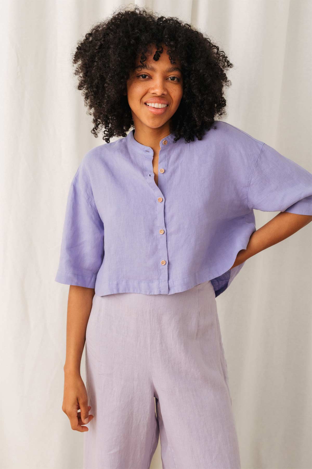 meta-preview, cropped oversized purple linen shirt