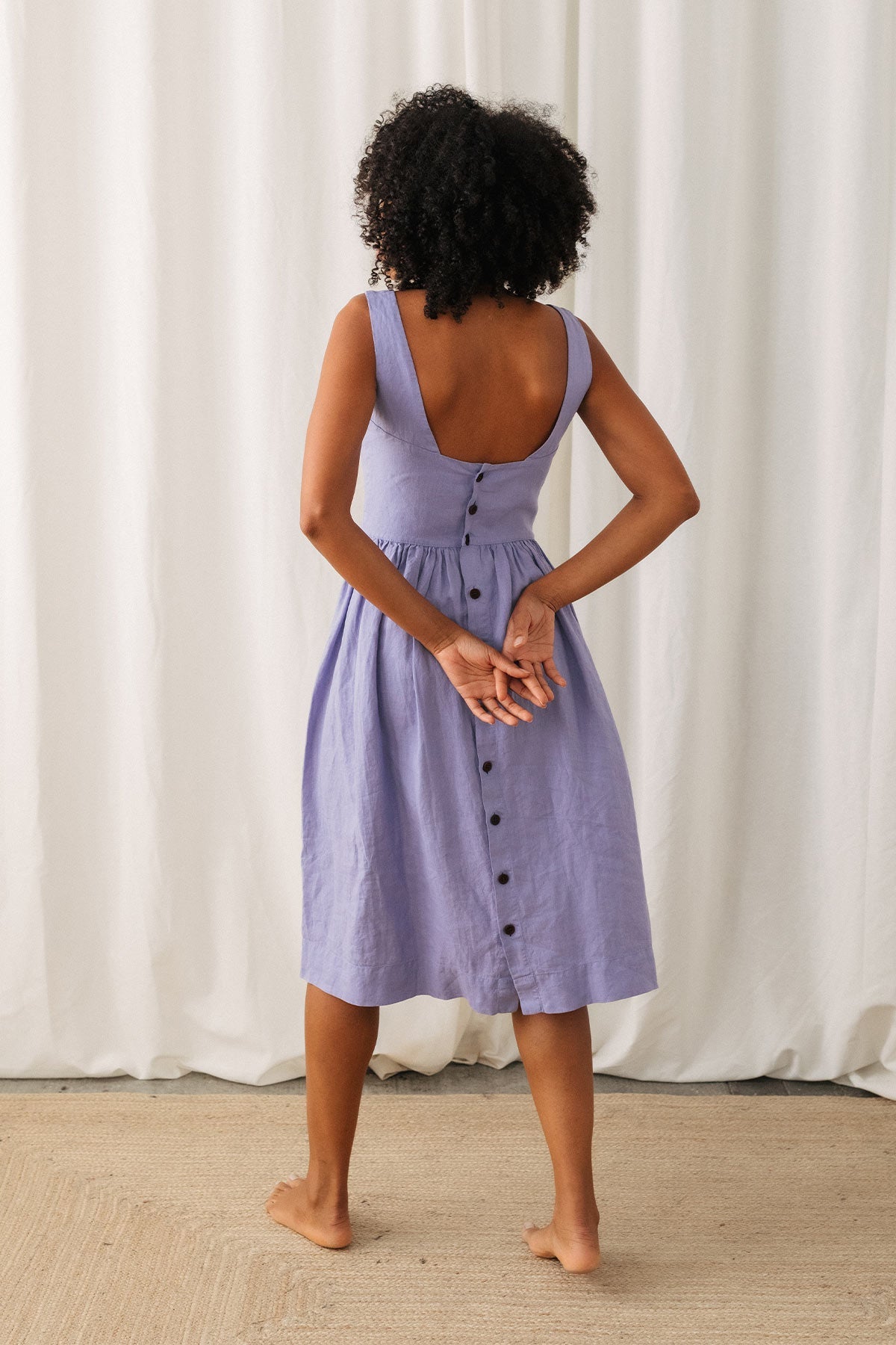 midi-length linen ethical purple dress