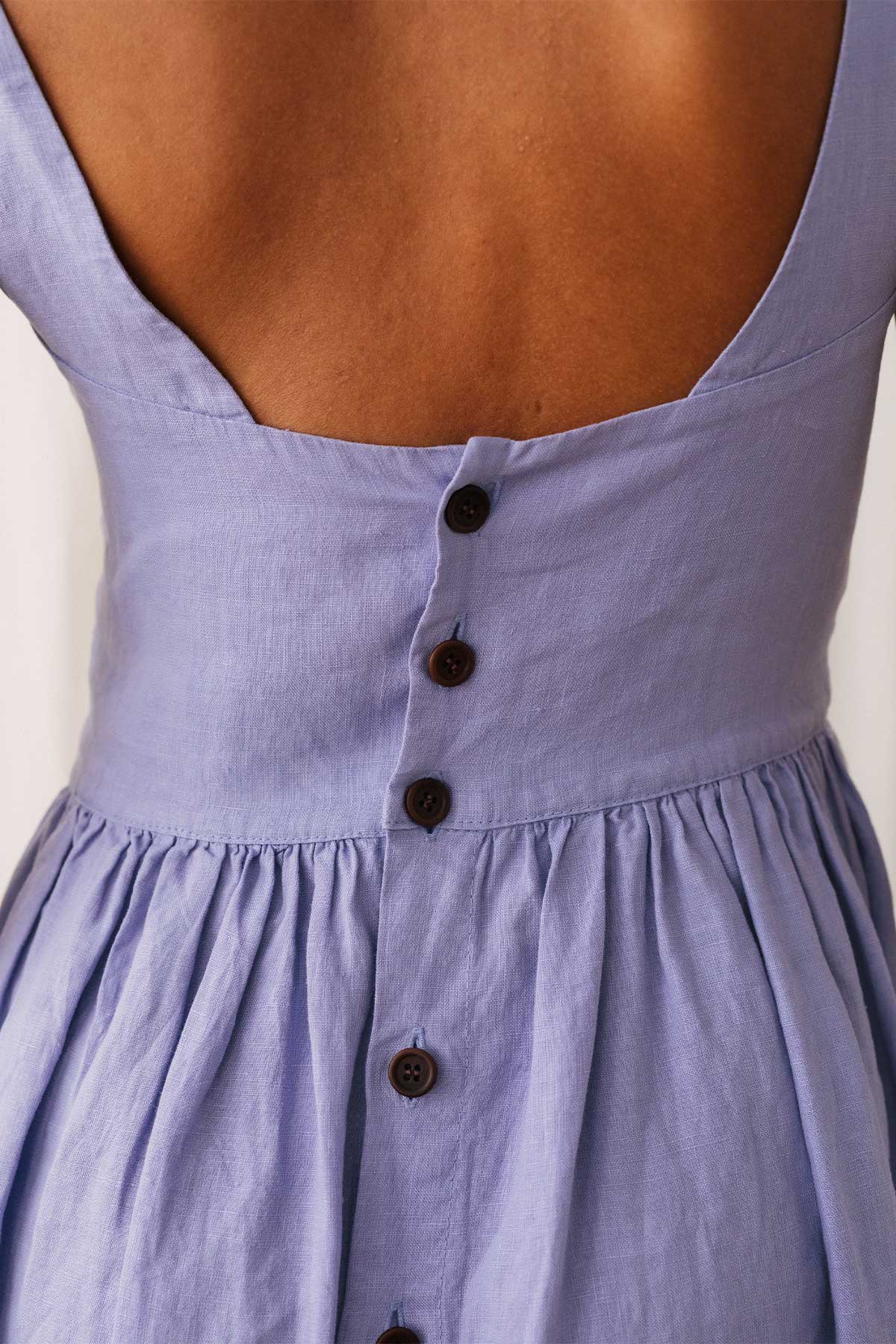 linen purple sustainable dress with back  buttons