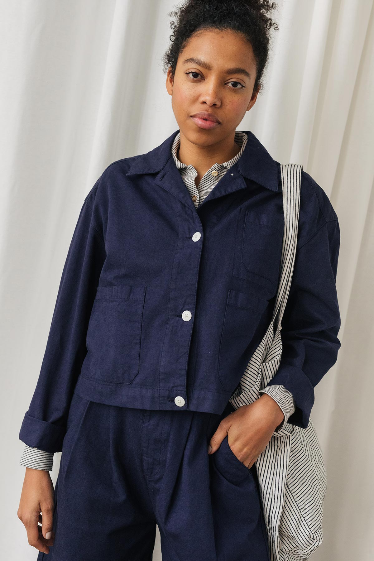 meta-preview, sustainable blue jacket with pockets