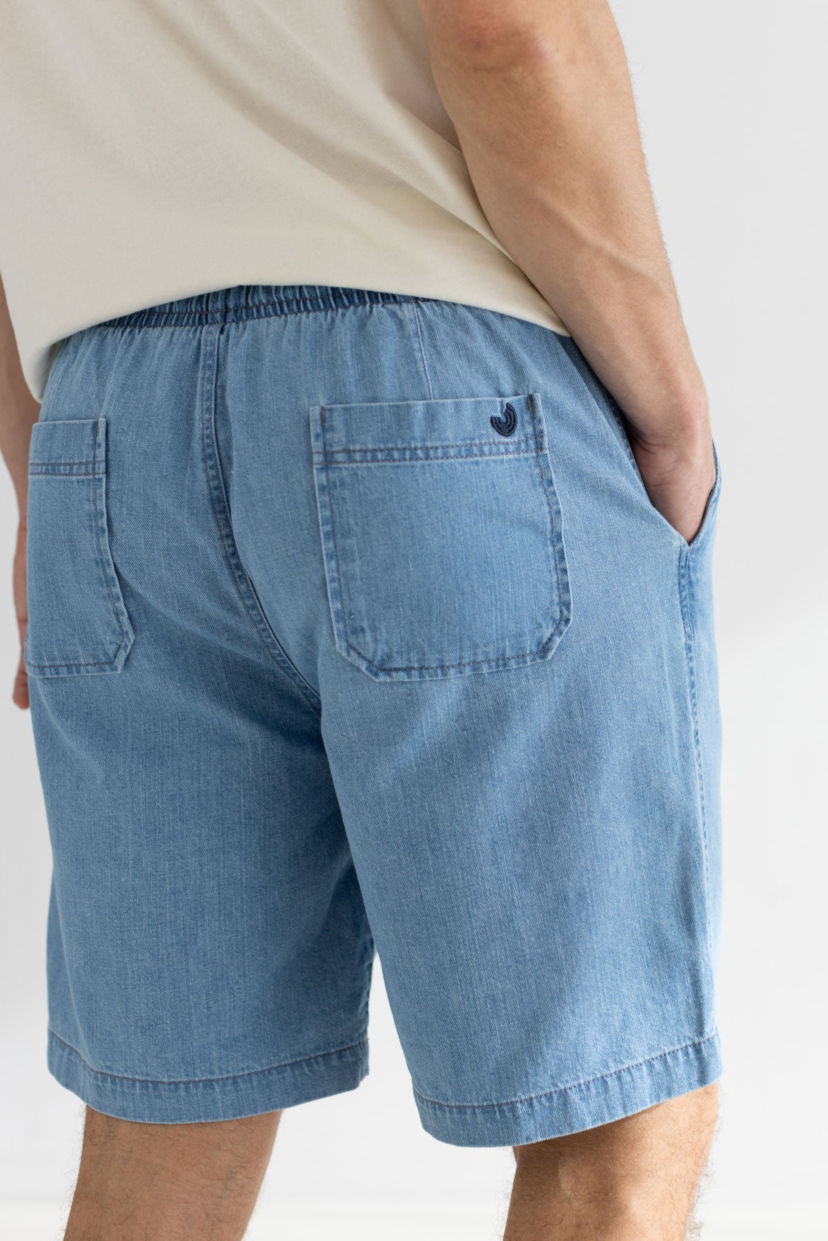 Light blue light denim shorts men light shirt detail back