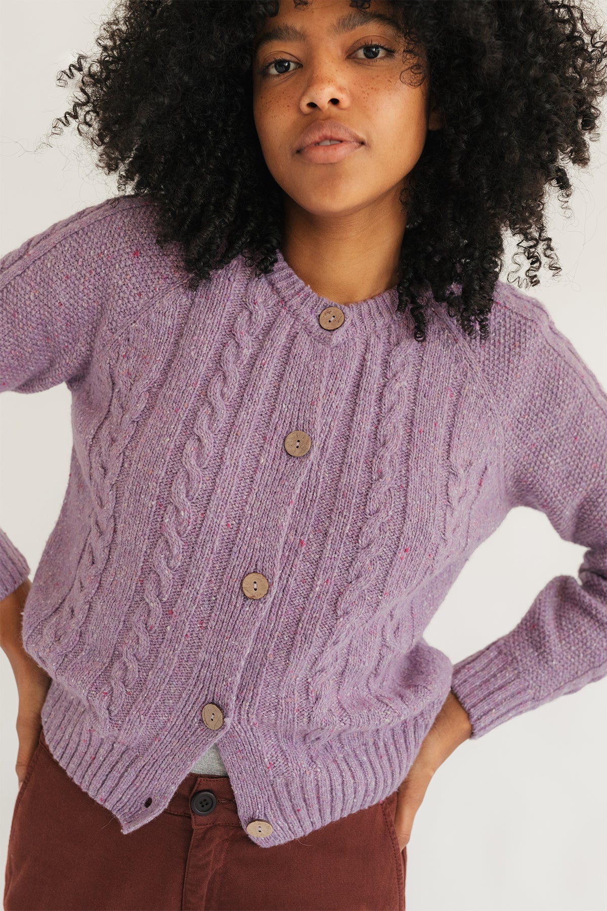 Aran purple knit with striking colors.