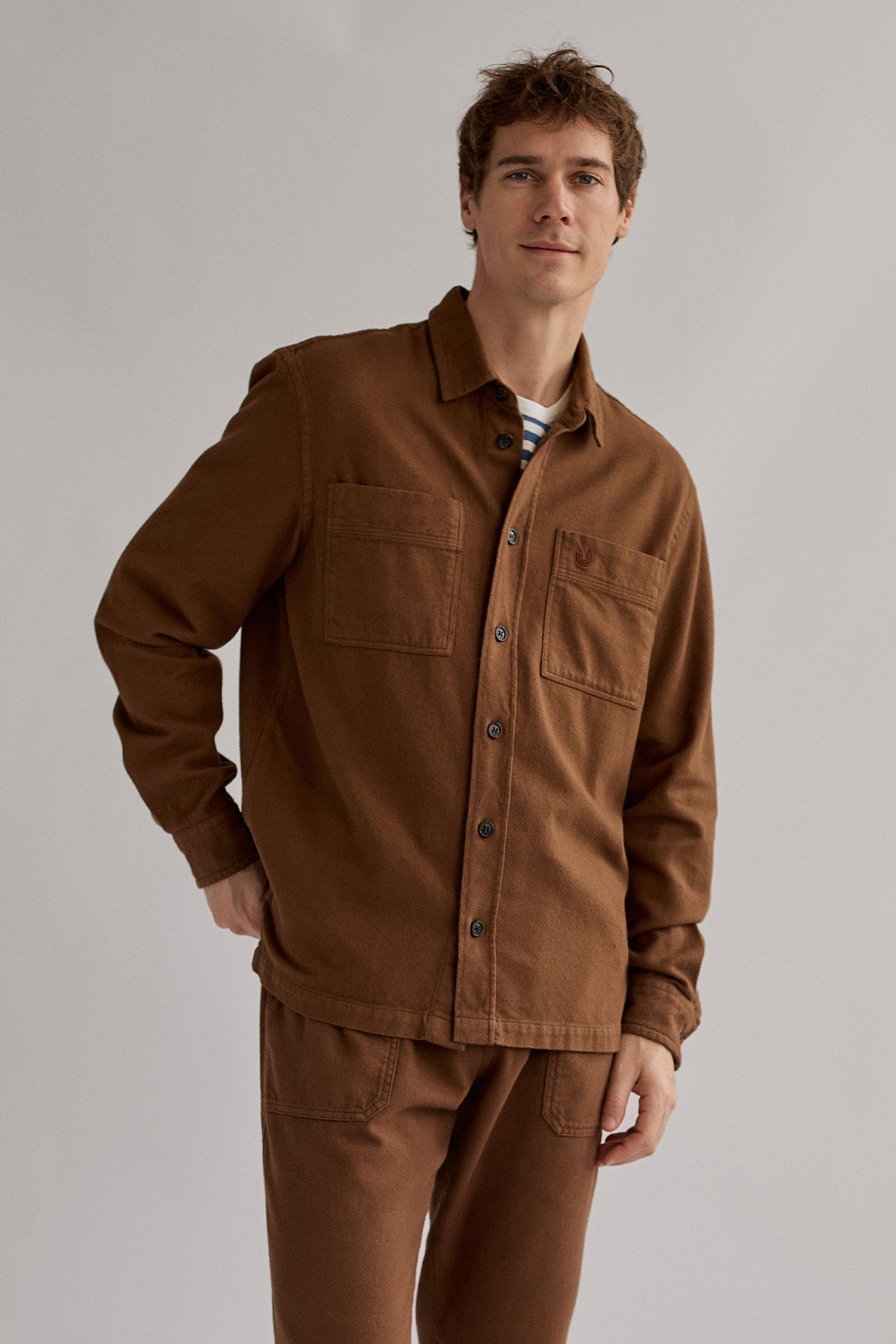 Ethical brown overshirt crafted from pesticide-free cotton
