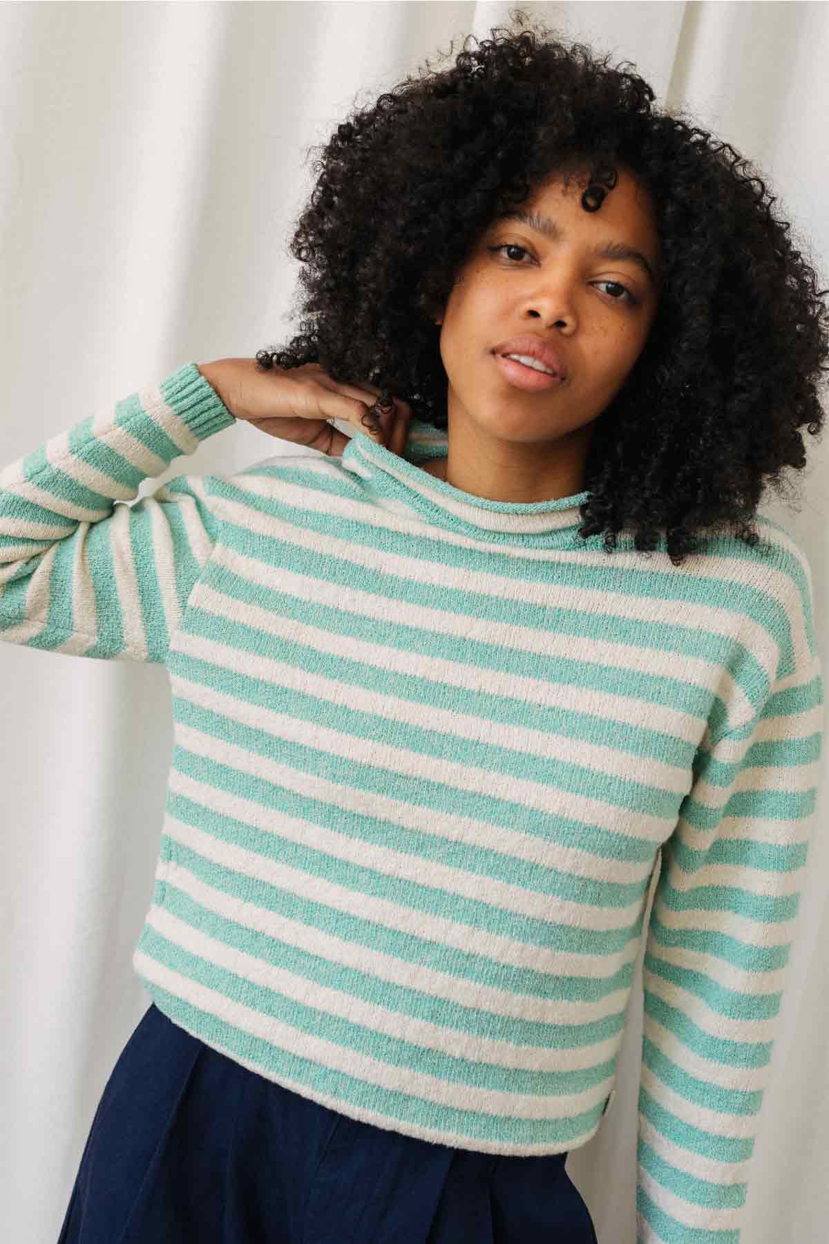 meta-preview, rolled neckline cotton mint knit