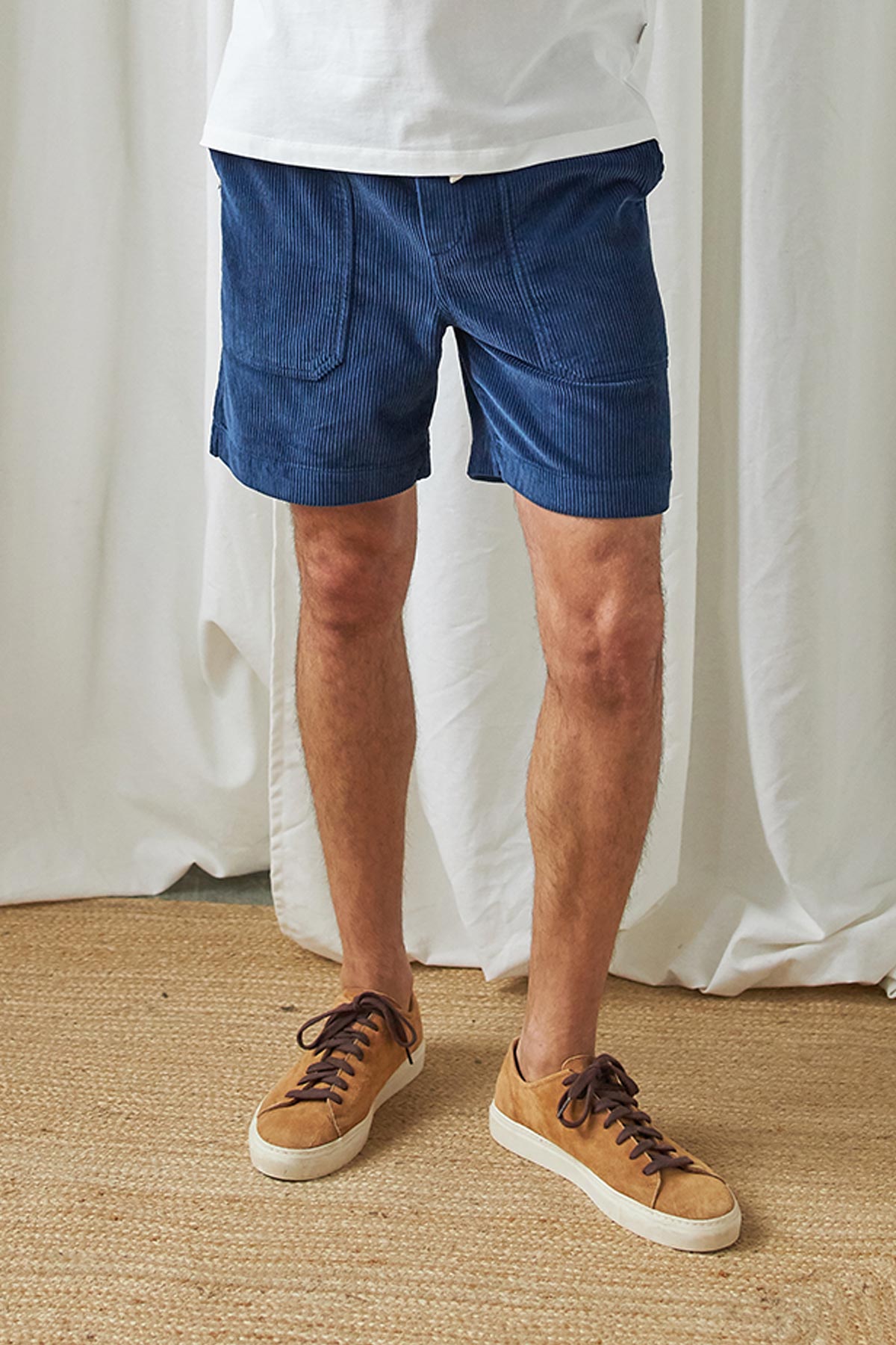 meta-hover, blue organic corduroy shorts