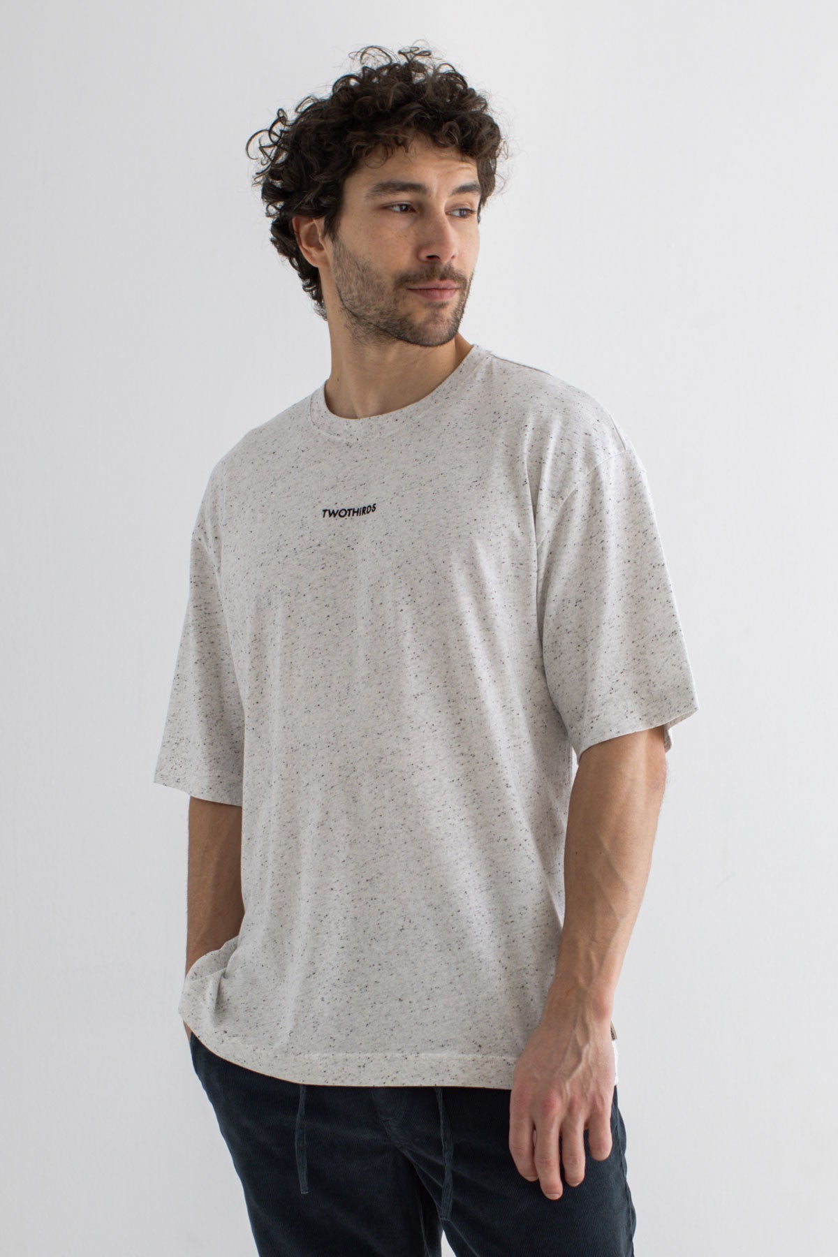 White Oversized t-shirt men navy pants wear view front