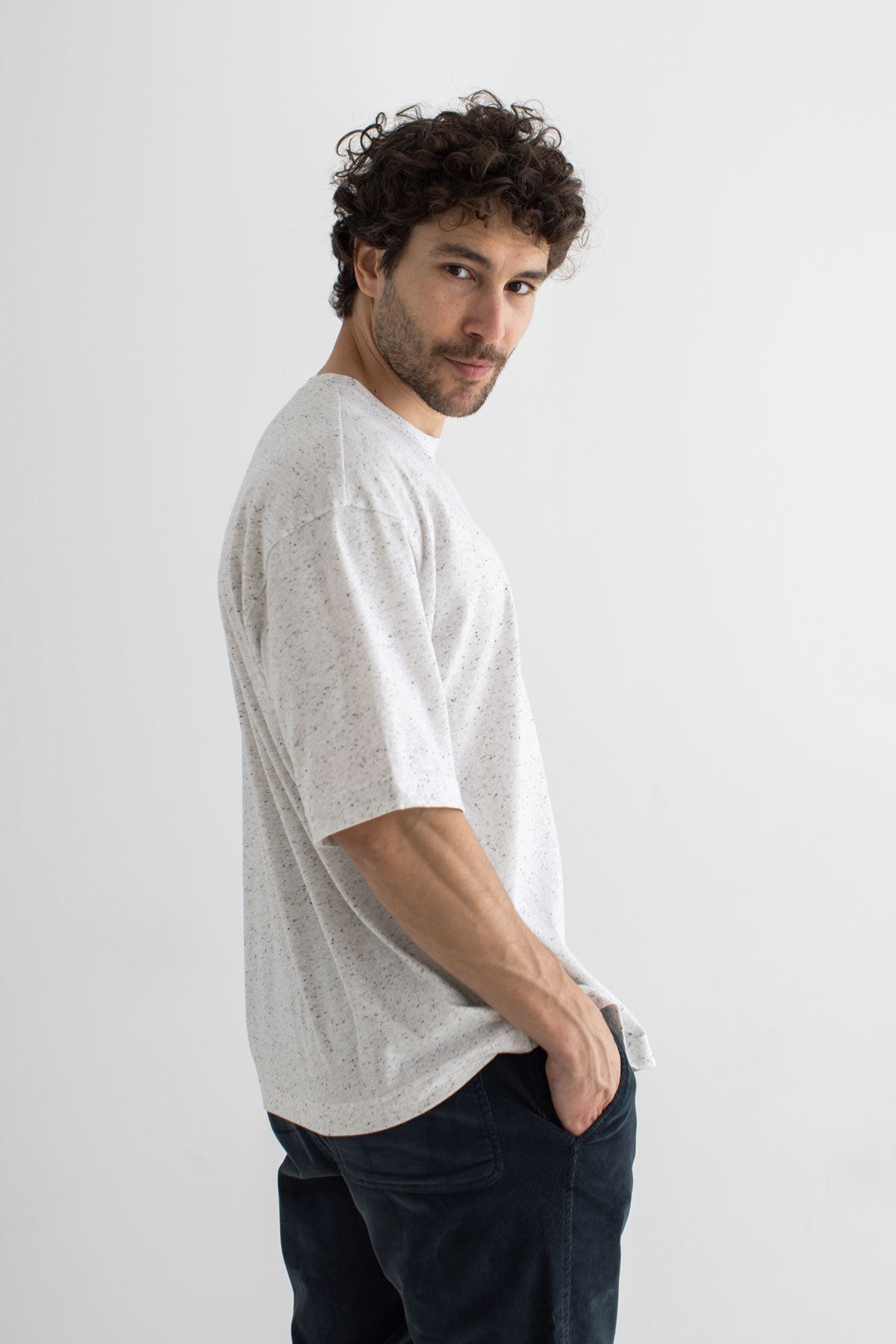 White Oversized t-shirt men navy pants wear view side