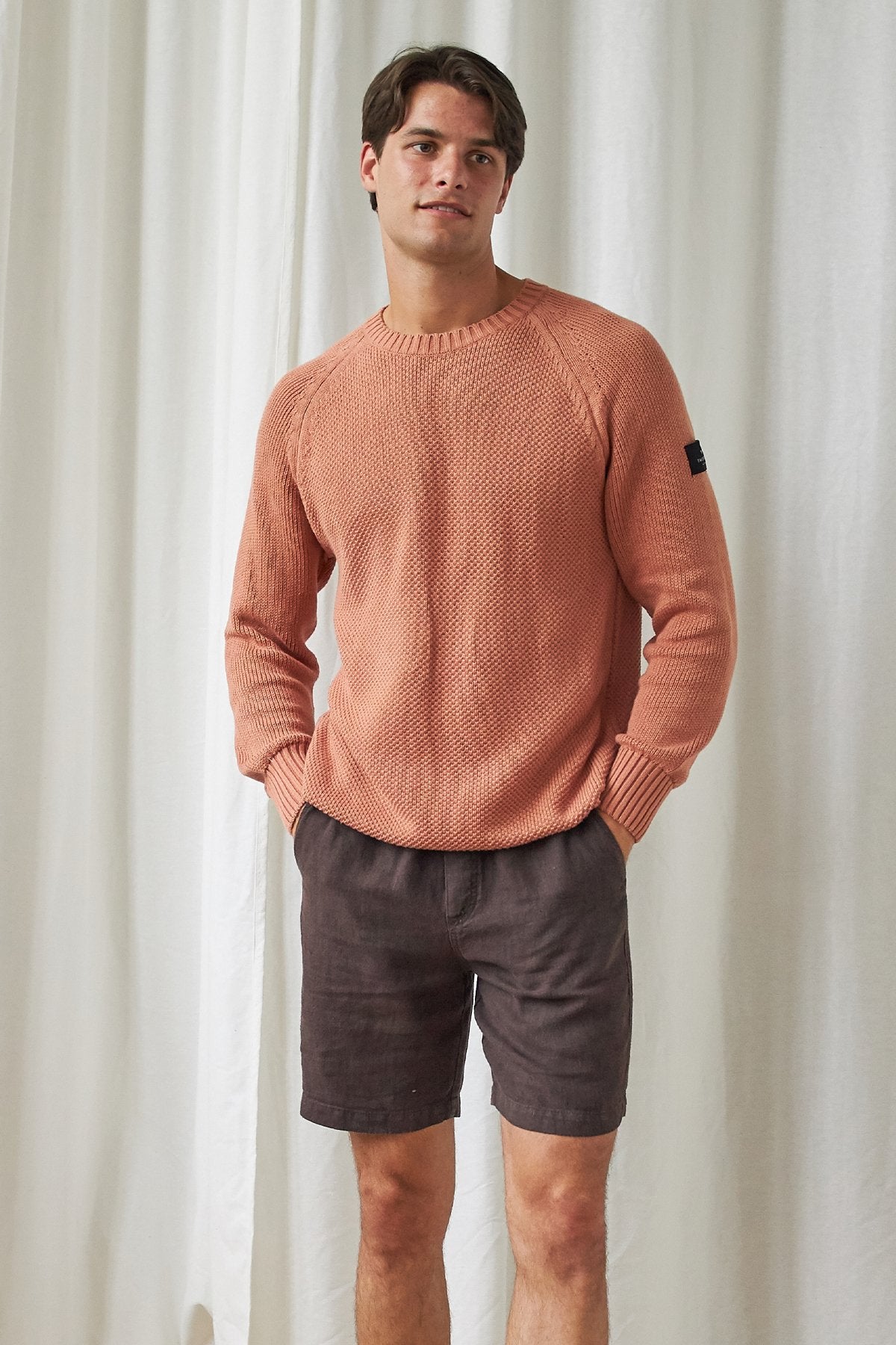 meta-hover, raglan sleeves light brown knit