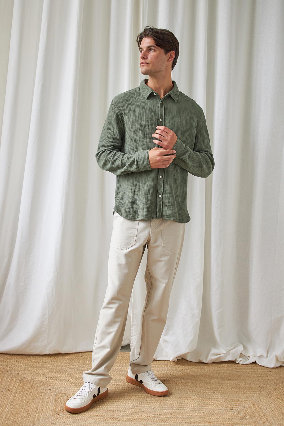 meta-hover, breathable muslin green shirt for men