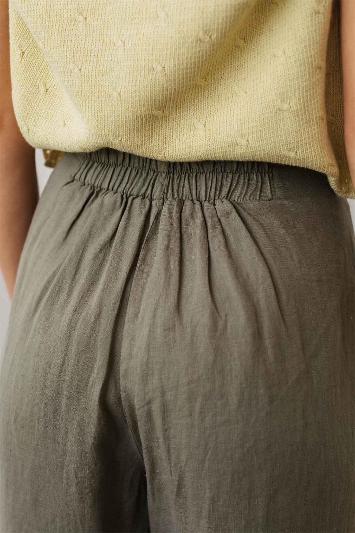 elasticated waist khaki linen pants