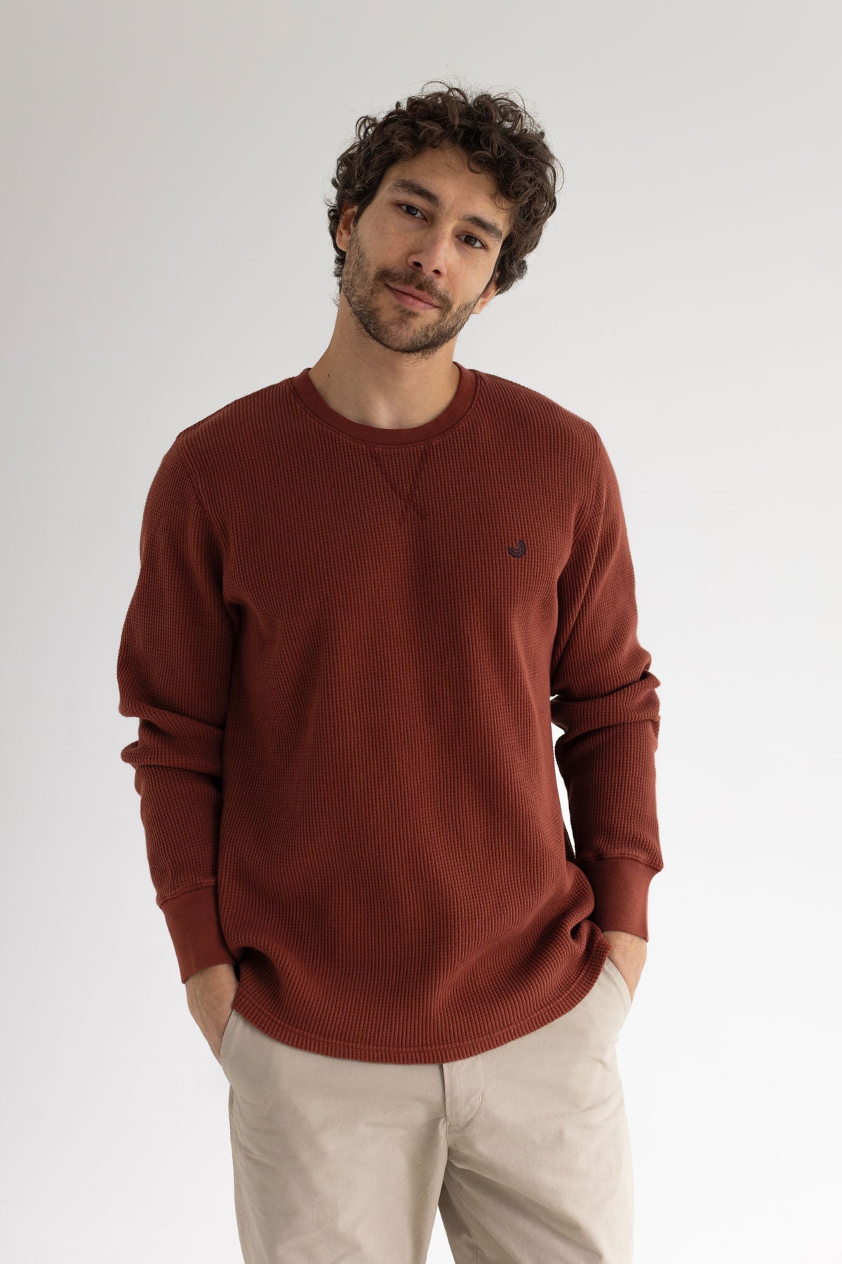 Brandy brown waffle sweatshirt men light pants wear view front