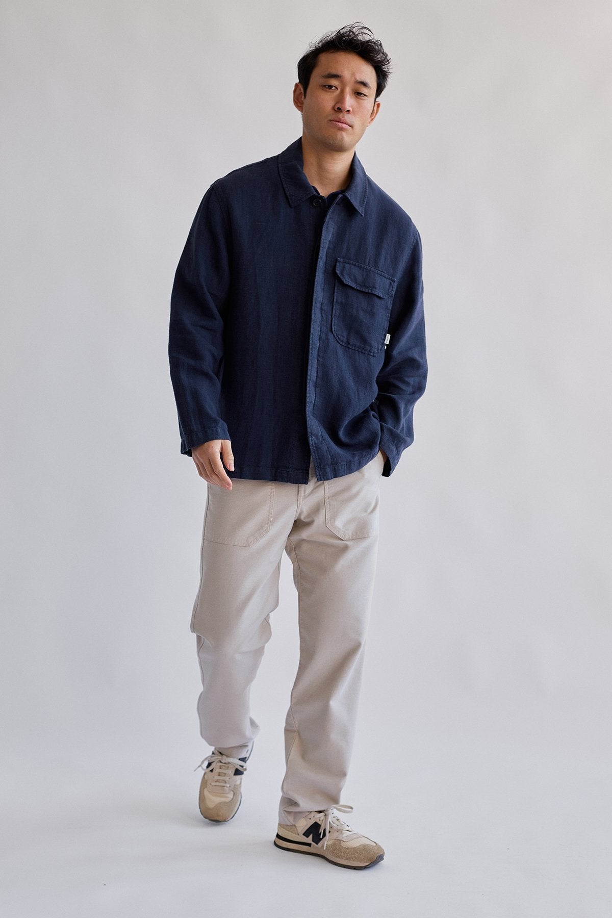 Navy blue linen overshirt for men