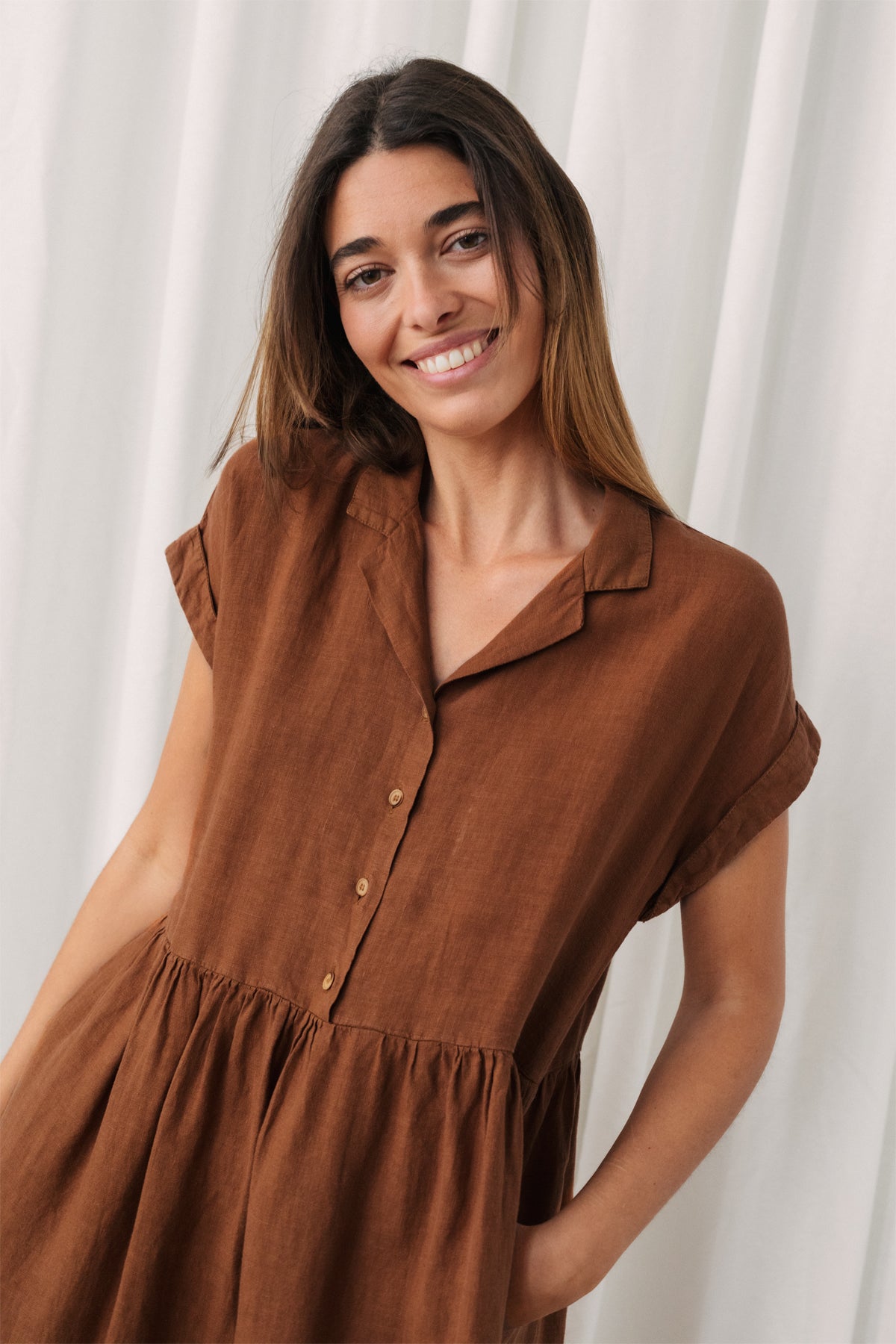 meta-preview, relaxed fit linen brown dress
