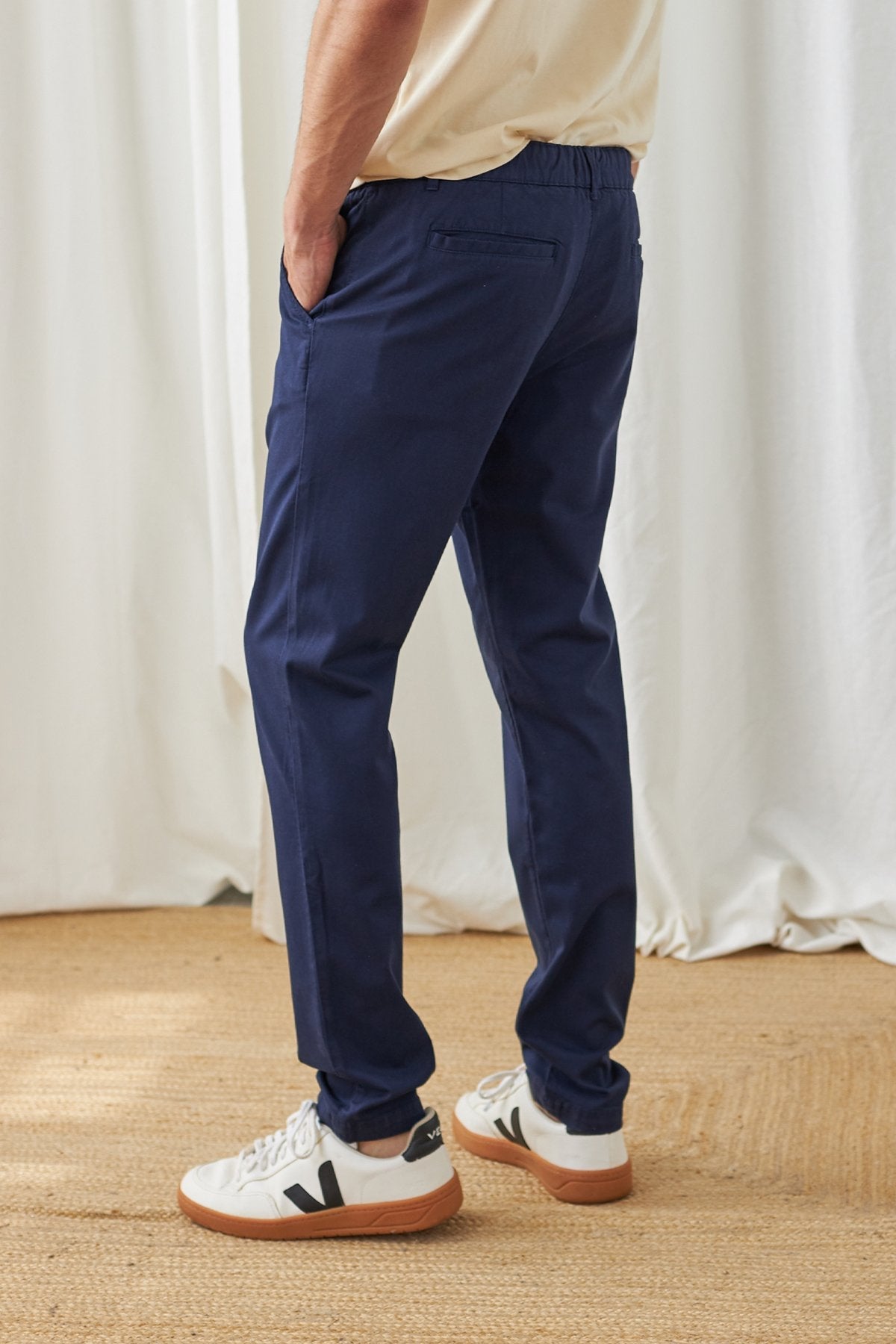 blue navy elastic waist chinos